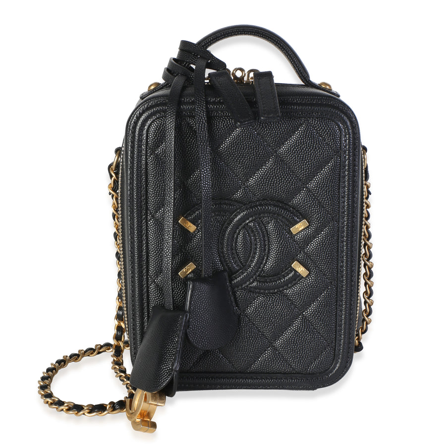 Chanel Black Quilted Caviar North South Filigree Vanity Case Leather Bag