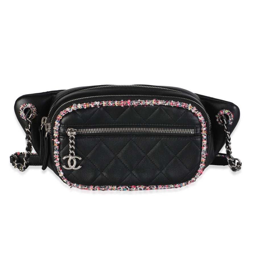 Chanel Black Quilted Lambskin Pink Tweed Cc Waist Bag Black; Multicolor; Embellished; Leather
