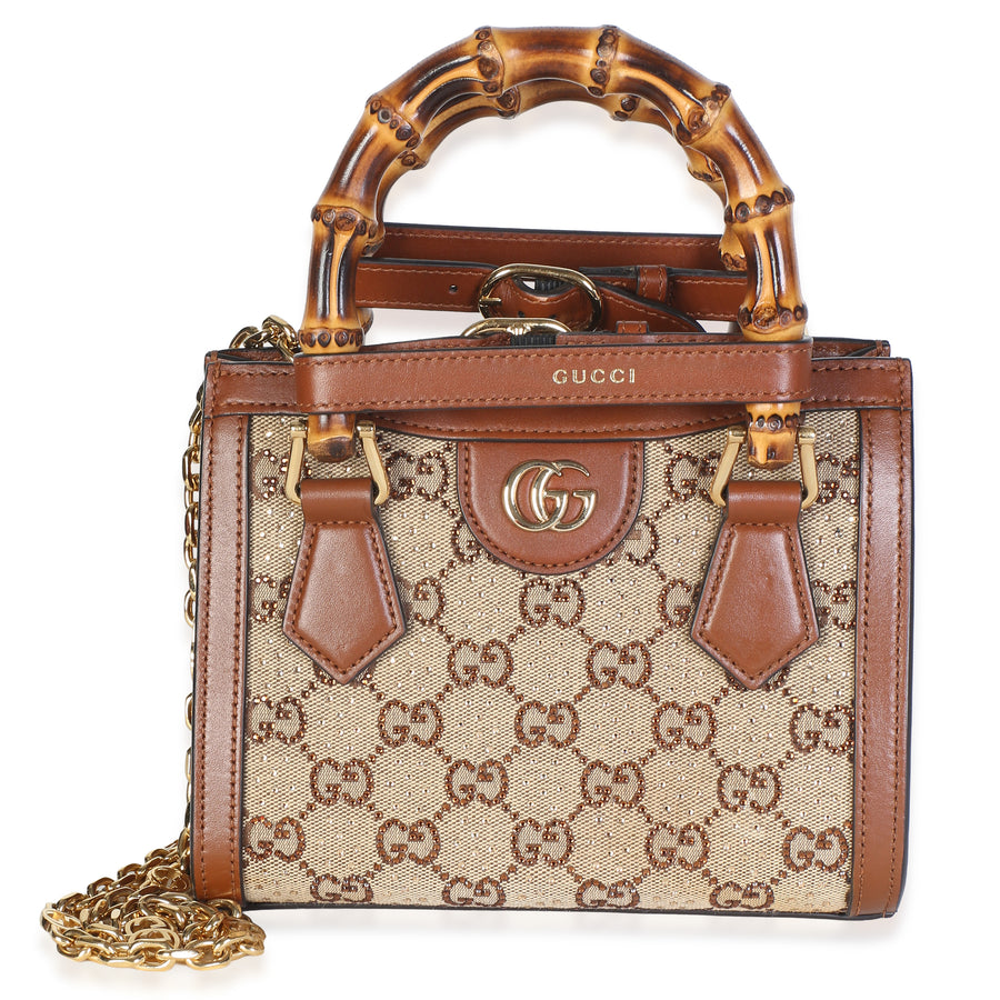 Gucci Camel New Canvas Charisma Calfskin Crystal Gg Mini Diana Tote Beige; Brown