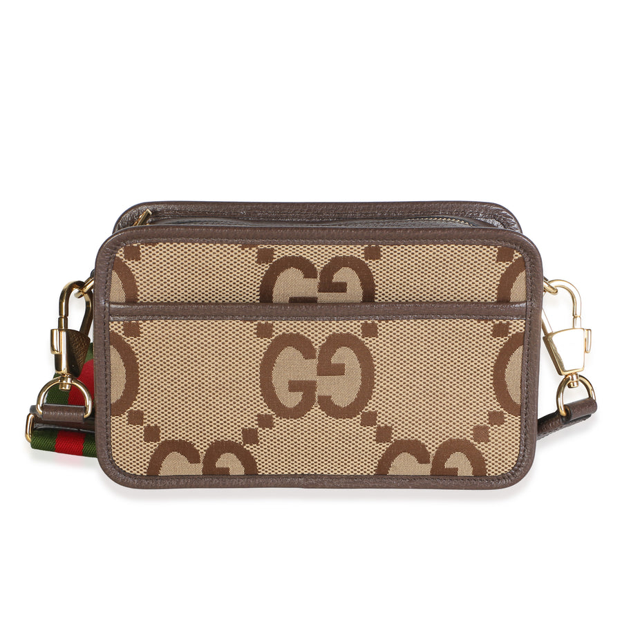 Gucci Camel Jumbo Gg Canvas Textured Dollar Calfskin Web Mini Messenger Bag Brown Fabric