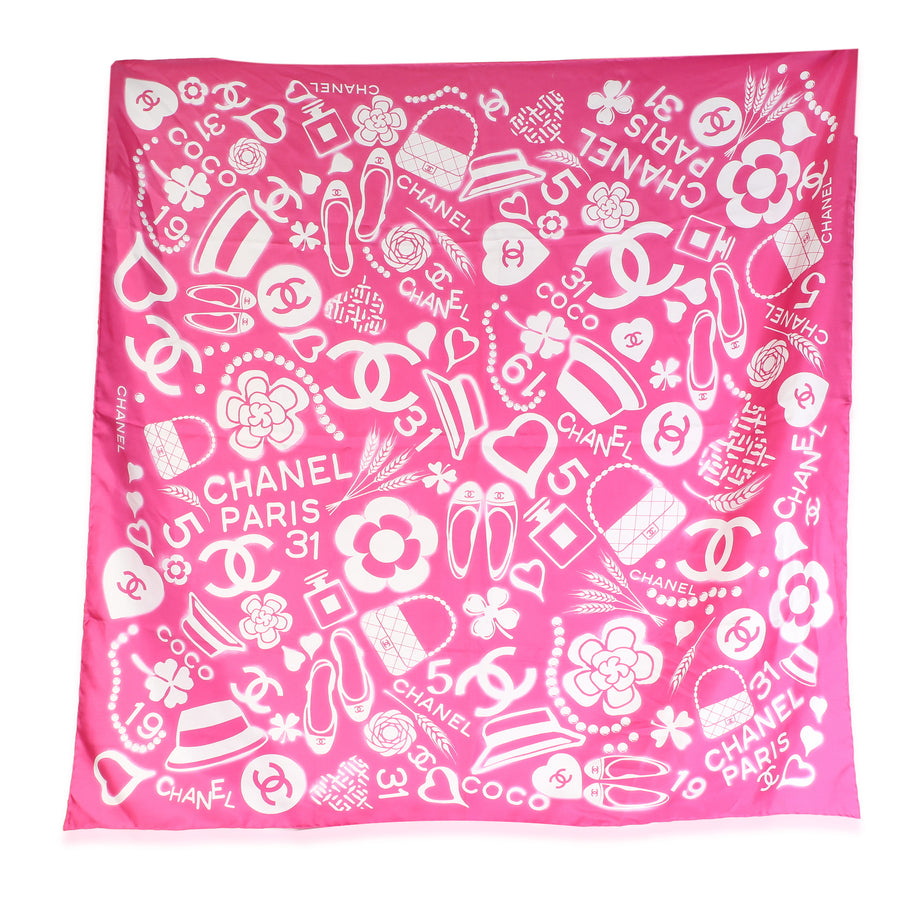 Chanel 20c Pink White Cc Logo Silk Square Scarf Pink; Scarves/wraps