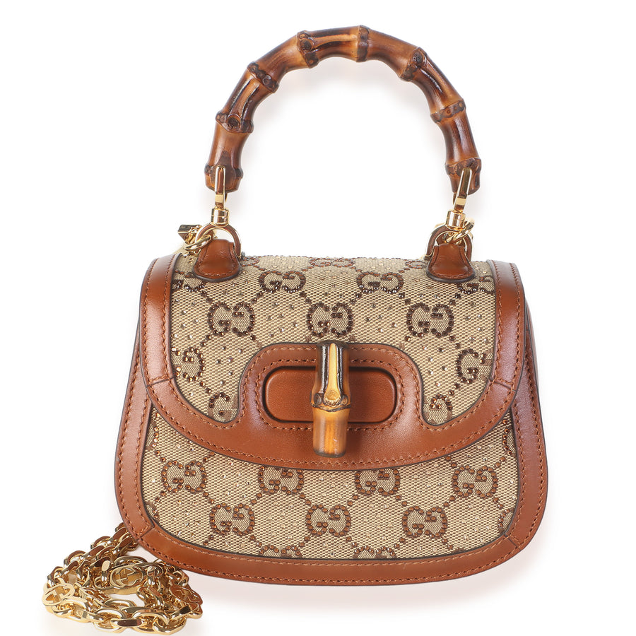 Gucci Camel Gg Supreme Canvas Crystal Mini Bamboo 1947 Top Handle Bag Brown; Tan Canvas; Embellished