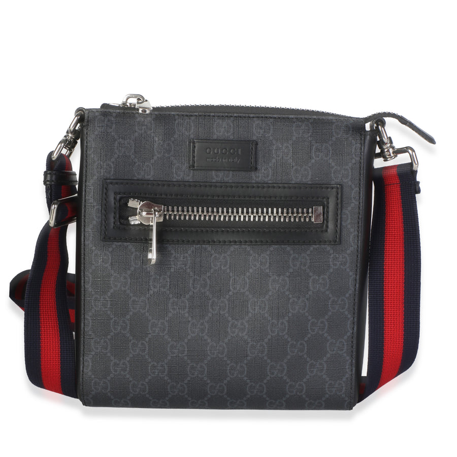 Gucci Black Grey Gg Supreme Canvas Web Small Flat Messenger Bag