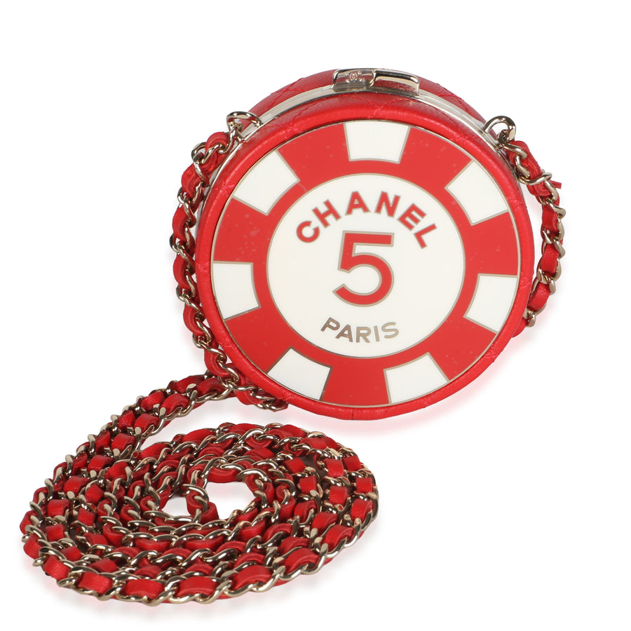 Chanel Pink Quilted Lambskin Enamel Round Poker Chip Clutch With Chain Red Leather