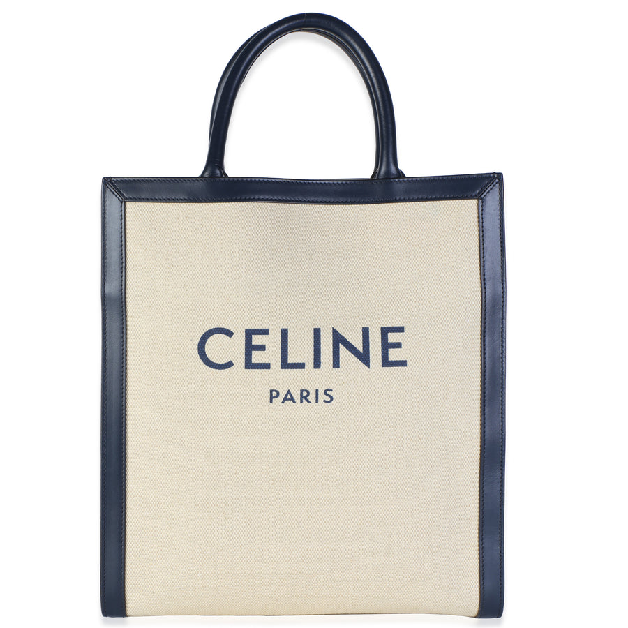 Celine Navy Natural Canvas Calfskin Logo Print Small Vertical Cabas Tote Beige