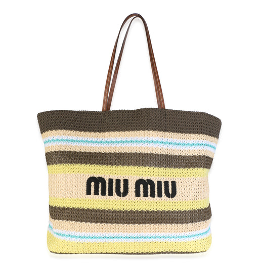 Miu Miu Green Beige Black Raffia Crochet Stripe Medium Tote Bag Beige; Blue; Gray; Green; Multicolor; Yellow Straw/raffia