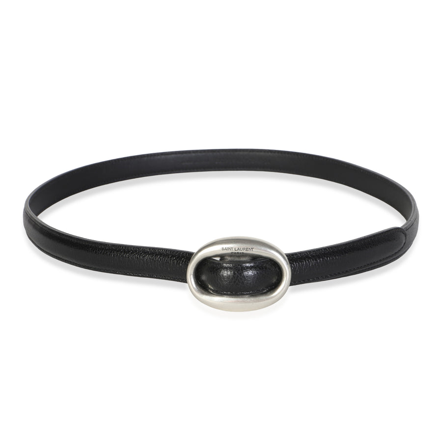 Saint Laurent Black Glossed Leather Oval Buckle Thin Belt 75