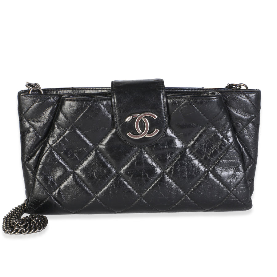 Chanel Black Quilted Calfskin Glazed Coco Pleats Chain Clutch Leather