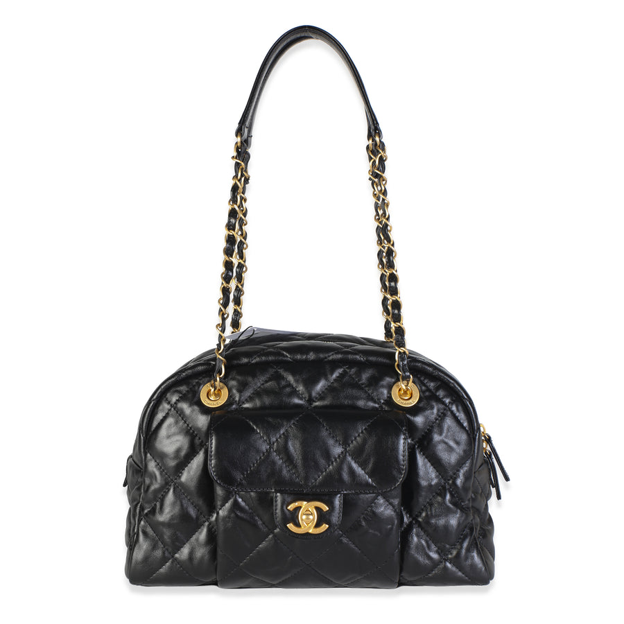 Chanel 24a Black Shiny Crumpled Calfskin Quilted Large Bowling Bag Leather