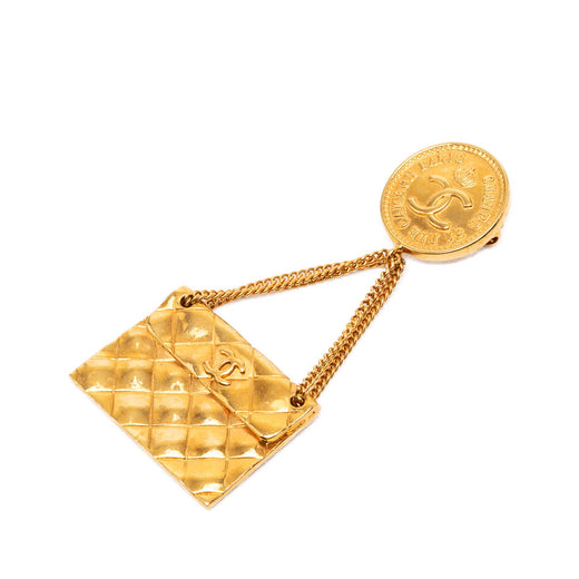 CC Gold Plated Quilted Flap Bag Medallion Brooch - Image 1