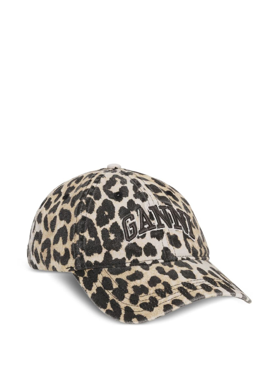 Ganni Leopard Print Canvas Baseball Cap — Beige Organic Cotton Caps