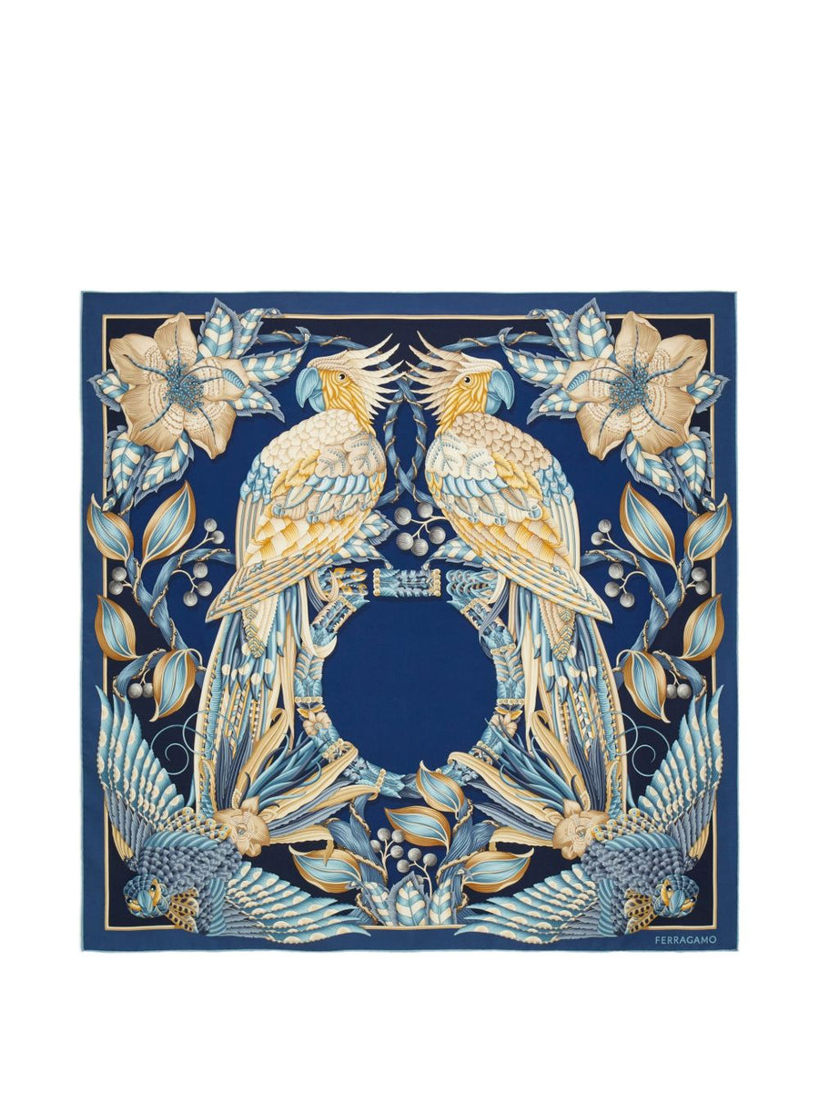 Ferragamo Parrot And Floral Silk Scarf — Navy Pure Scarfs