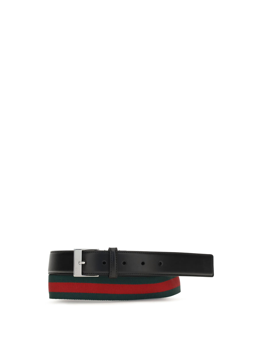 Gucci Square Buckle Striped Web Belt — Black Black/vrv Calf Leather Bos Taurus