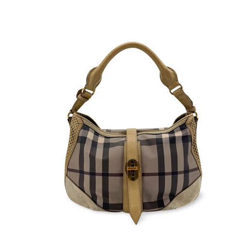 Burberry Ashwood Convertible Hobo House Check Canvas Beige Suede