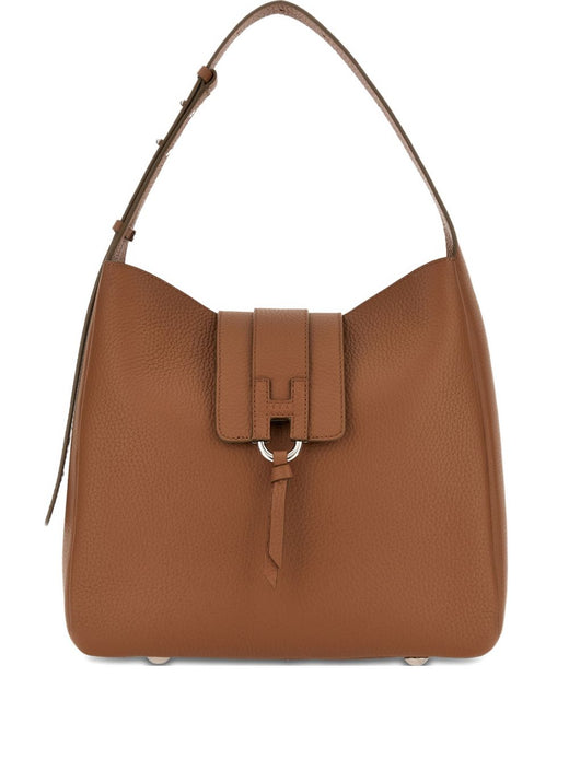 Hogan Pebble Grain Leather Shoulder Bag — Brown