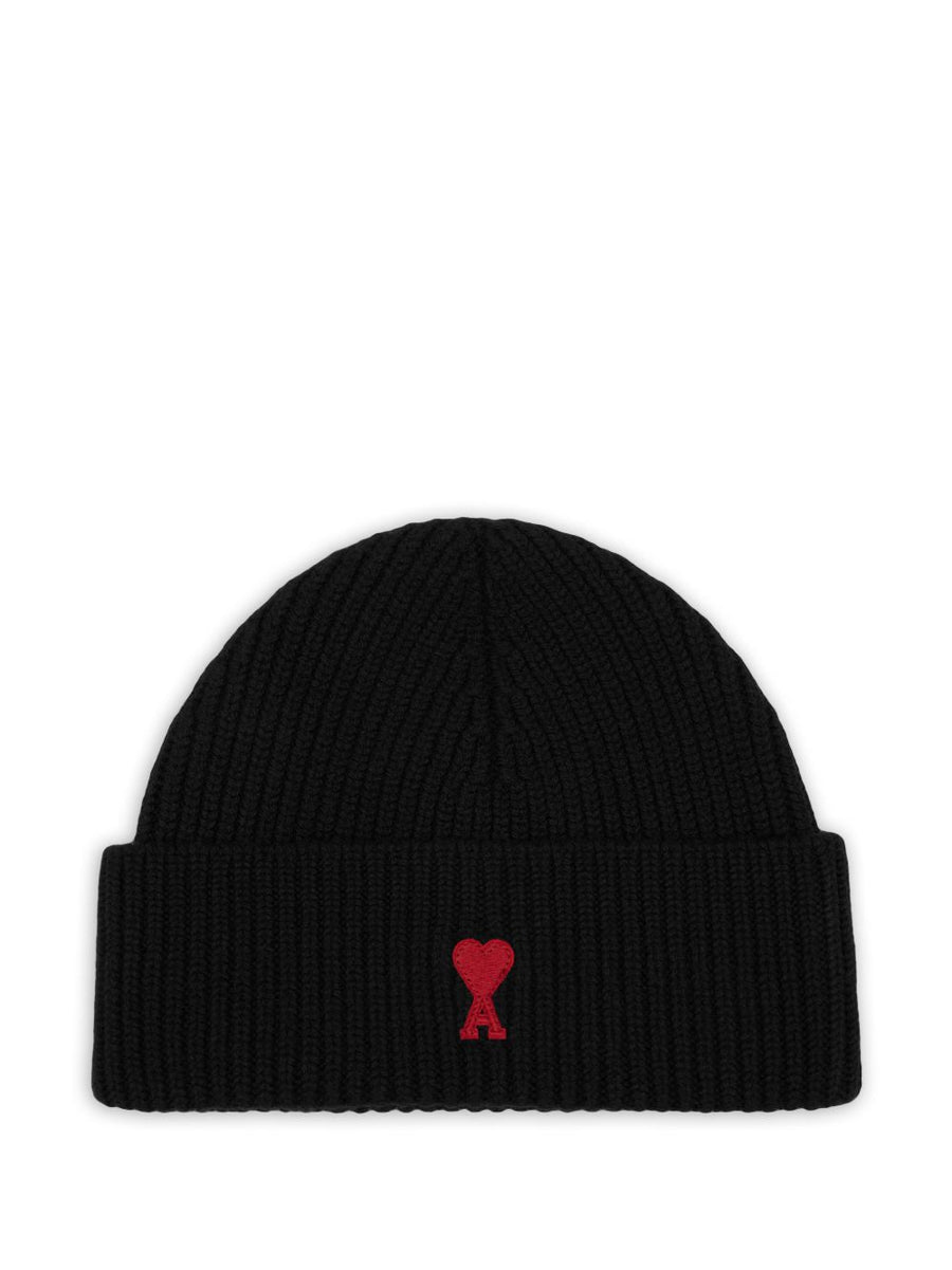 Ami Paris De Coeur Embroidered Wool Beanie — Black Merino Beanies