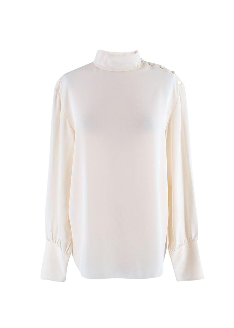 High Neck Shoulder Button Cream Silk Blouse