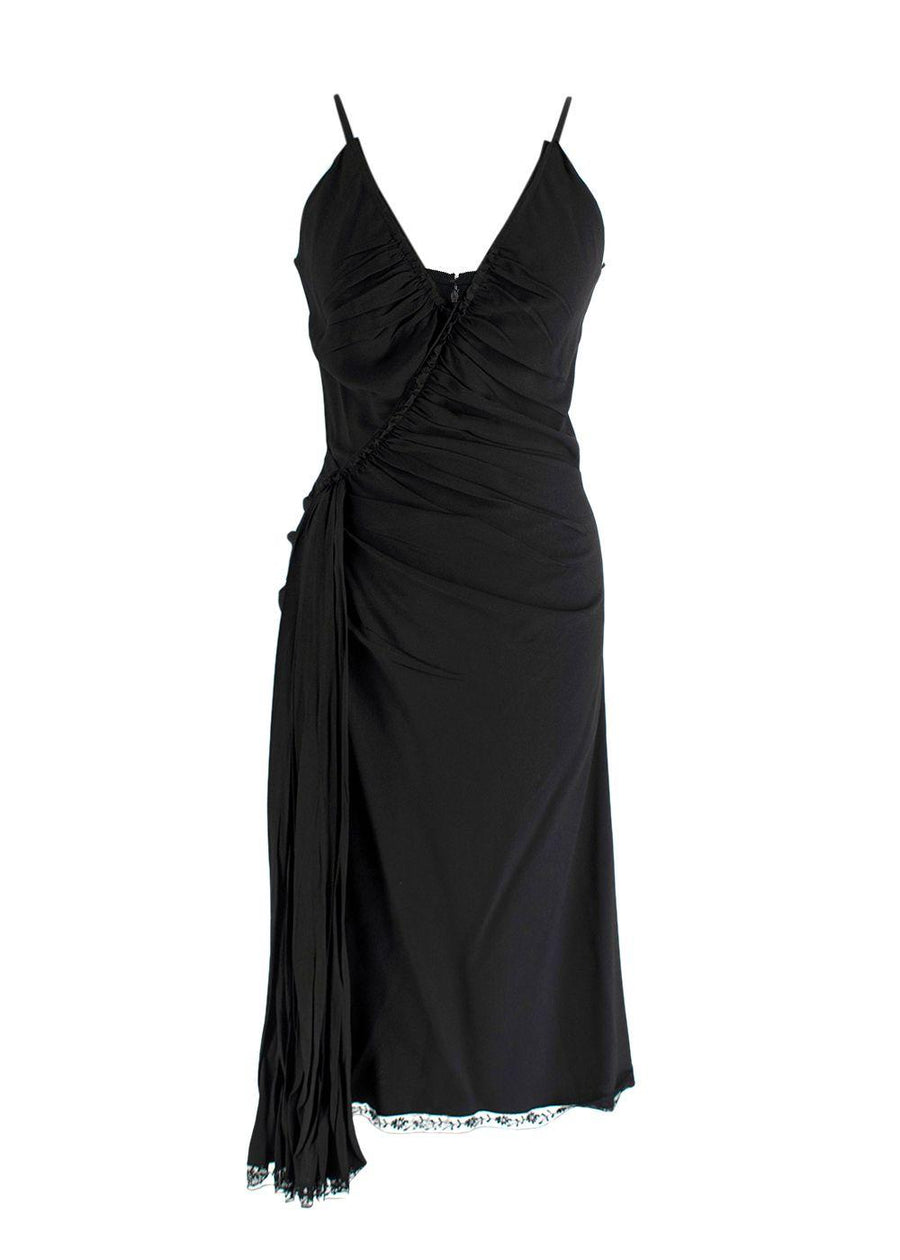 Prada Black Ruched Laced Hem Midi Dress