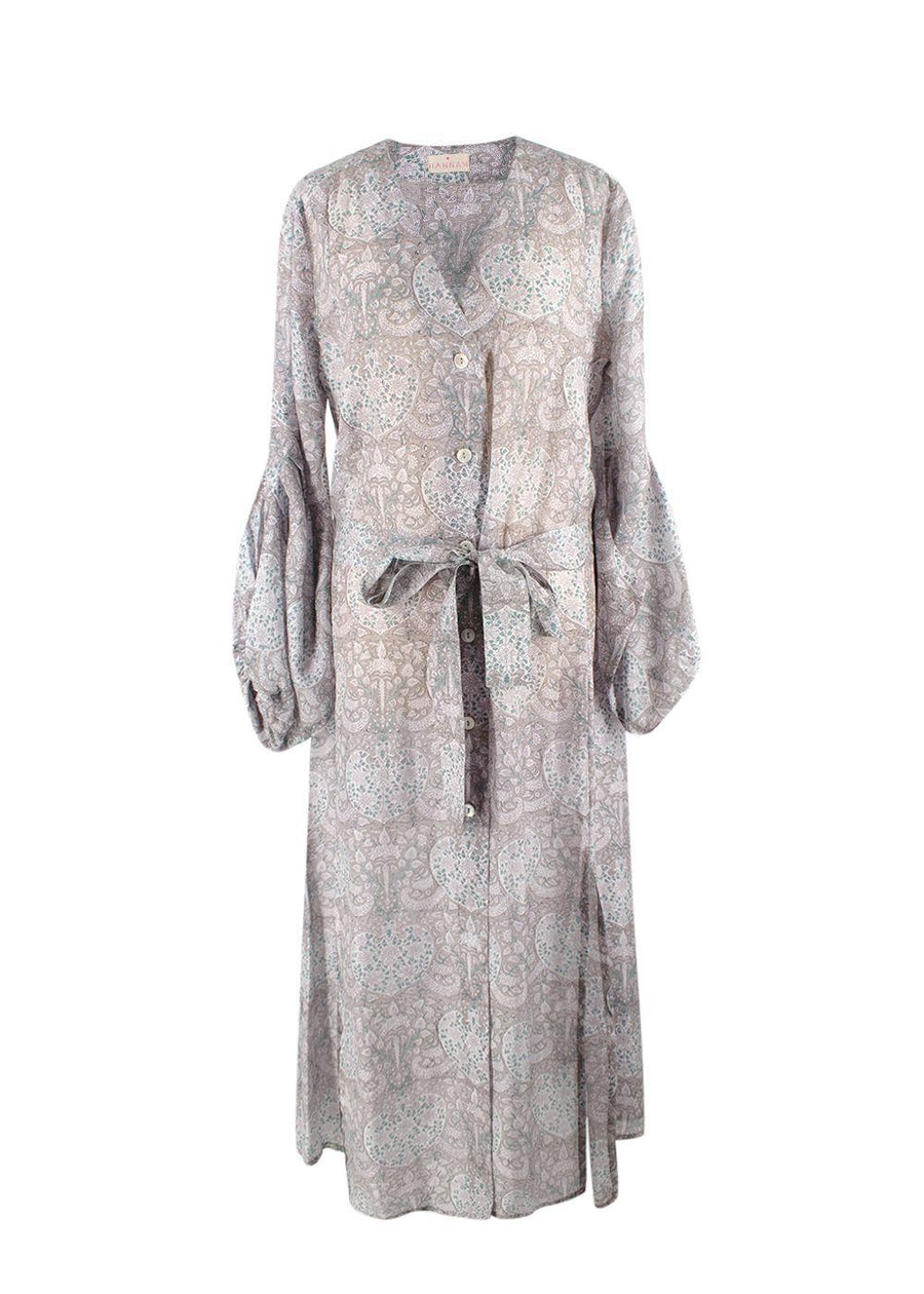Hannah Grey Floral Belted Silk Dress