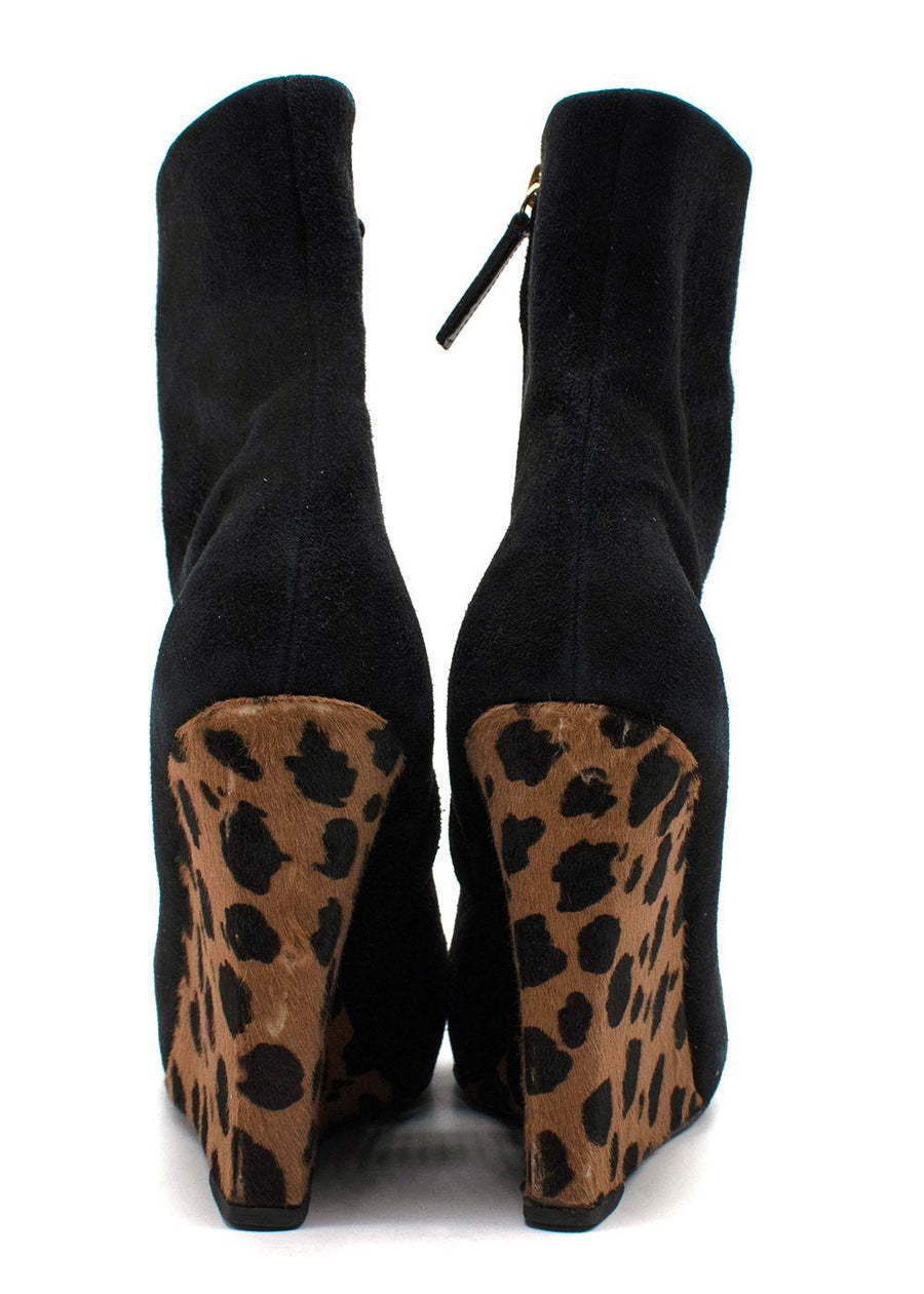 Giuseppe Zanotti Black Suede Wedge Ankle Boots Leopard Print Heel