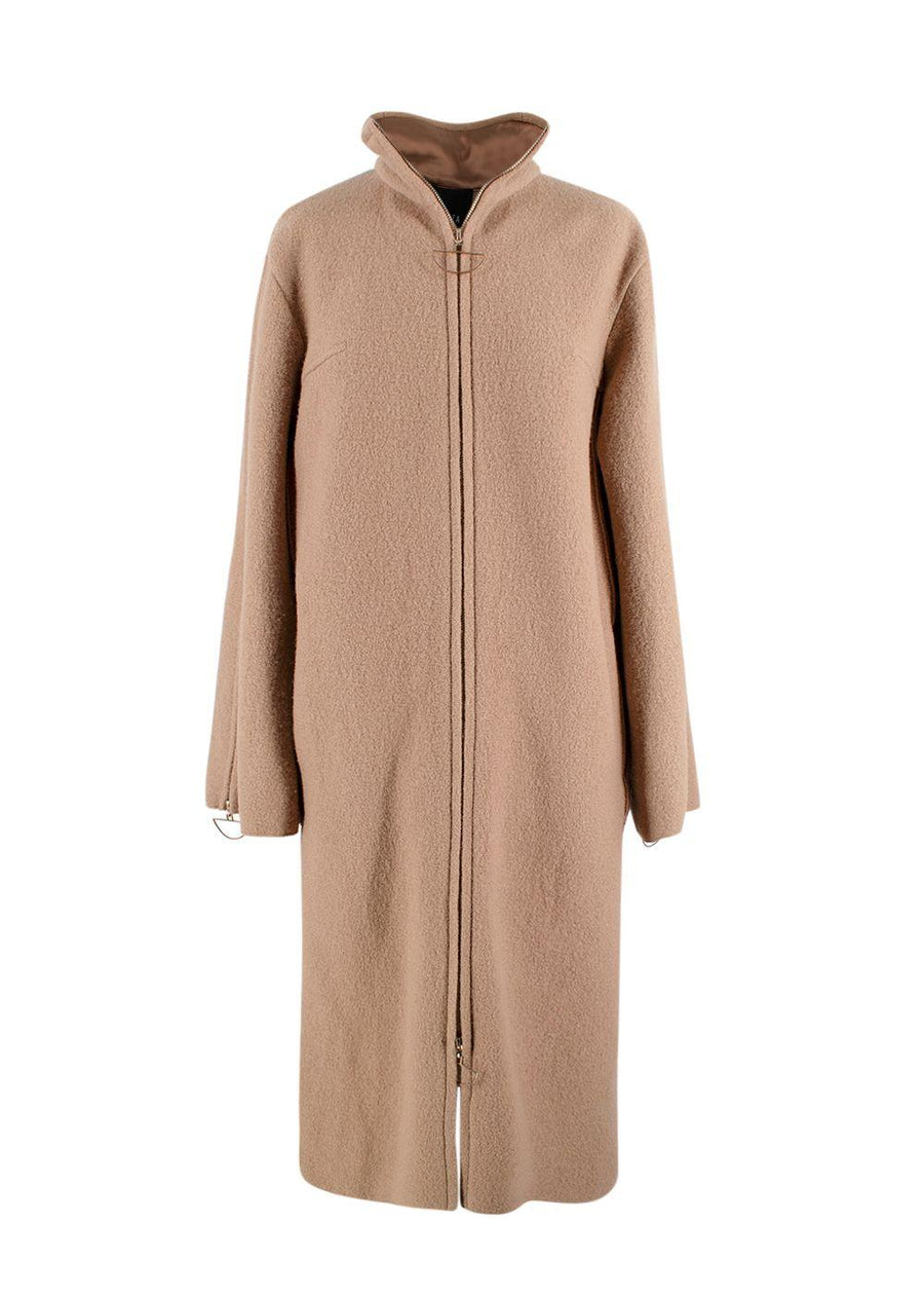 Bevza Camel Longline Wool Coat with Zipper Detail