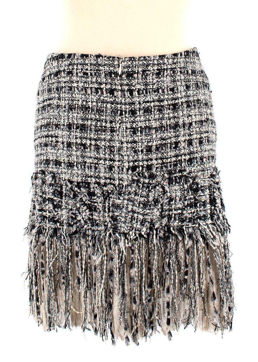 Chanel Black and White Tweed Mini Skirt with Fringe Hem