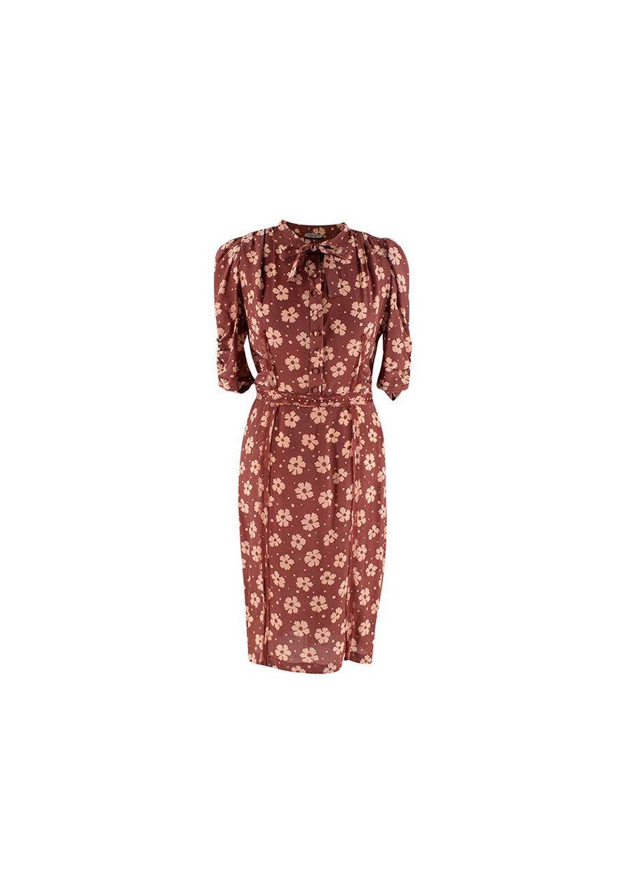 Terracotta Silk Crepe de Chine Floral Tea Dress