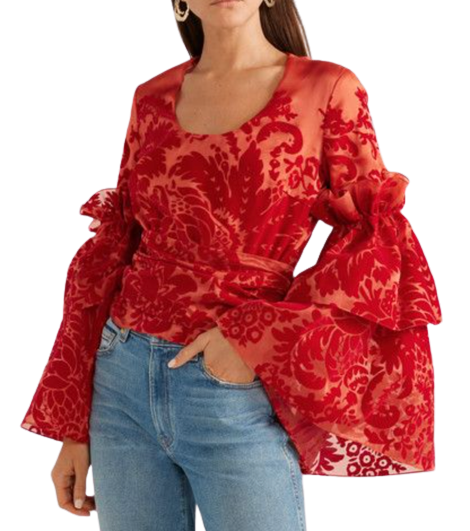 Red Flocked Silk Organza Top