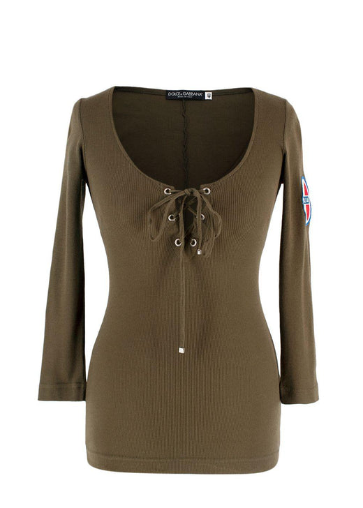 Dolce & Gabbana Khaki Ribbed Lace Up Detail Top
