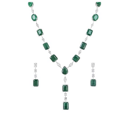 18ct white gold, diamond & emerald jewellery suite