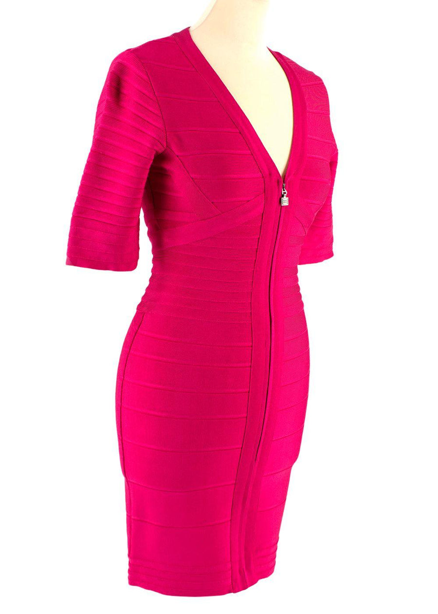 Pink Stretch Bandage V-Neck Zipped Dress