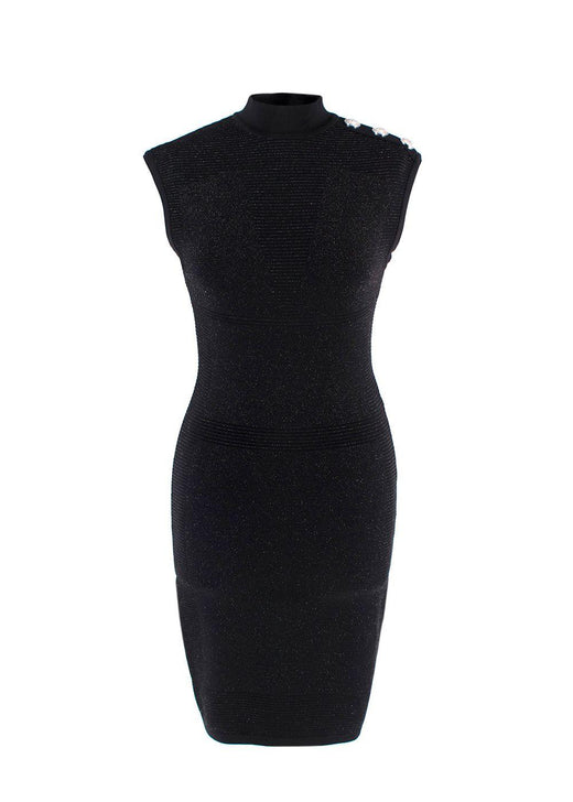 Balmain Black Metallic Ribbed Midi Dress with Silver Button Detail