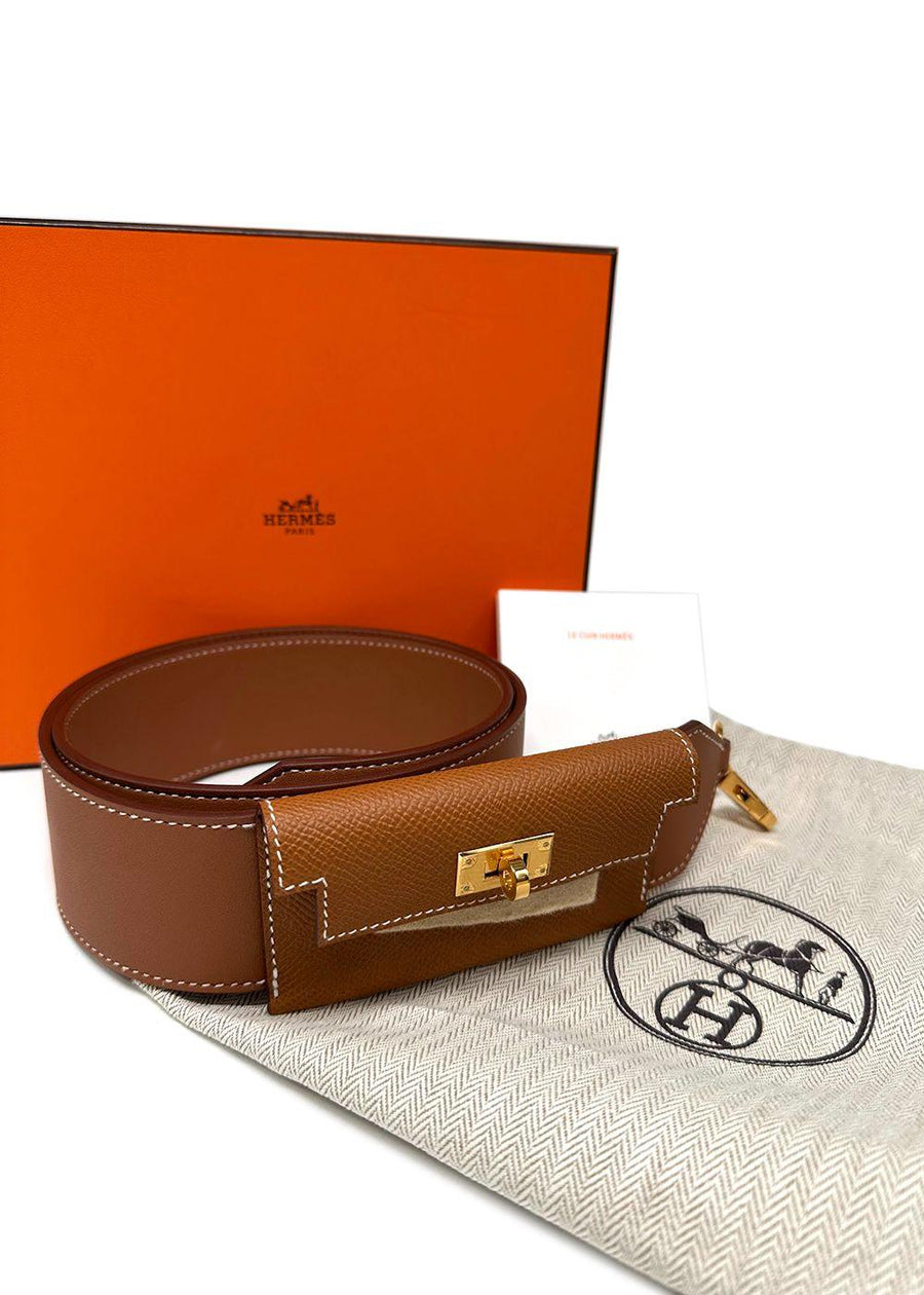 Hermés Gold Leather Kelly Pocket Bag Strap with Gold Hardware