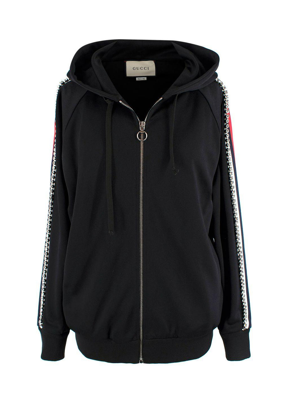 Gucci Black Crystal Stripe Sleeve Zip Up Hoodie