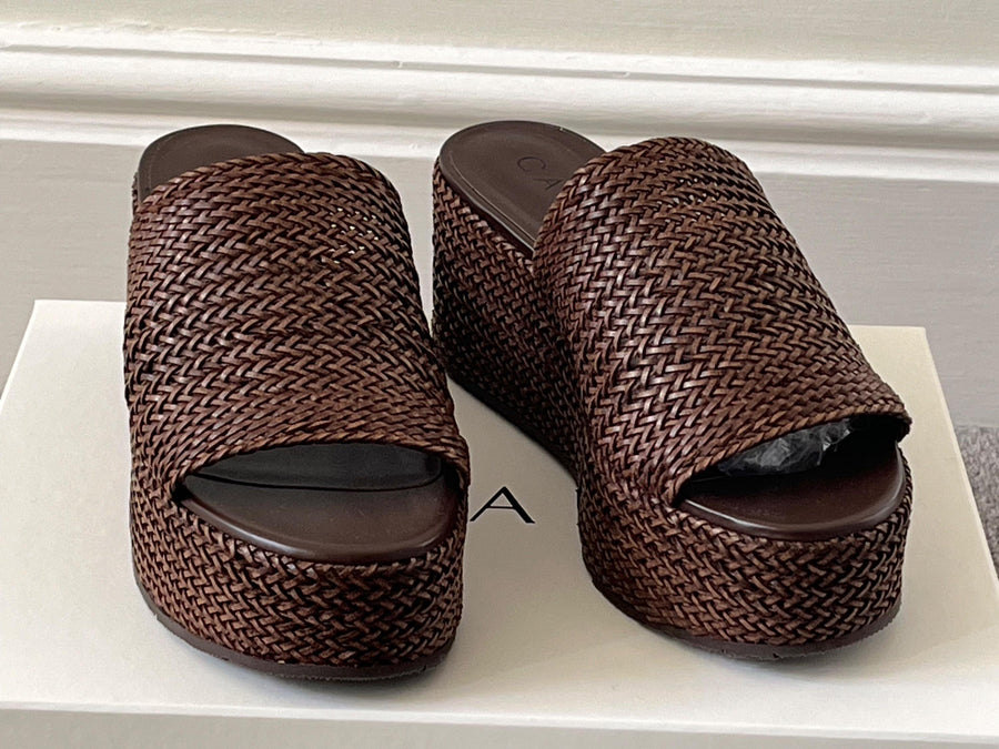 Casadei Brown Woven Leather Platform Slides