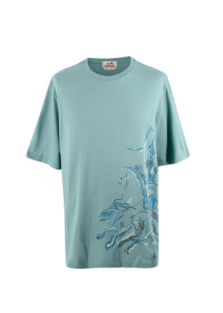 Hermes Teal Horse Print T-Shirt