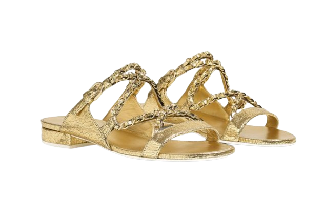 Chanel Metallic Gold Leather Chain Detail Sandals