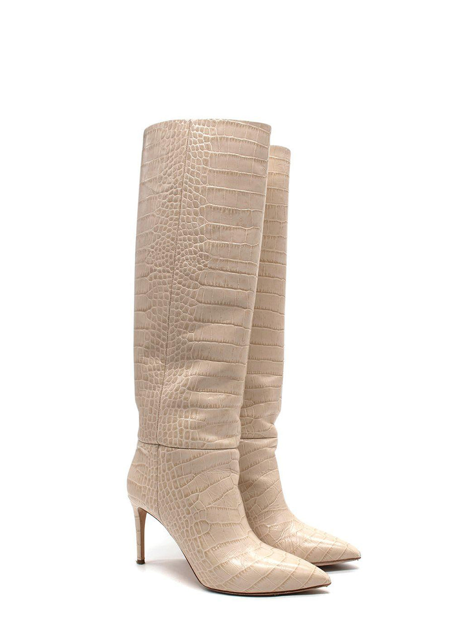 Paris Texas Cream Croc-Embossed Knee High Boots