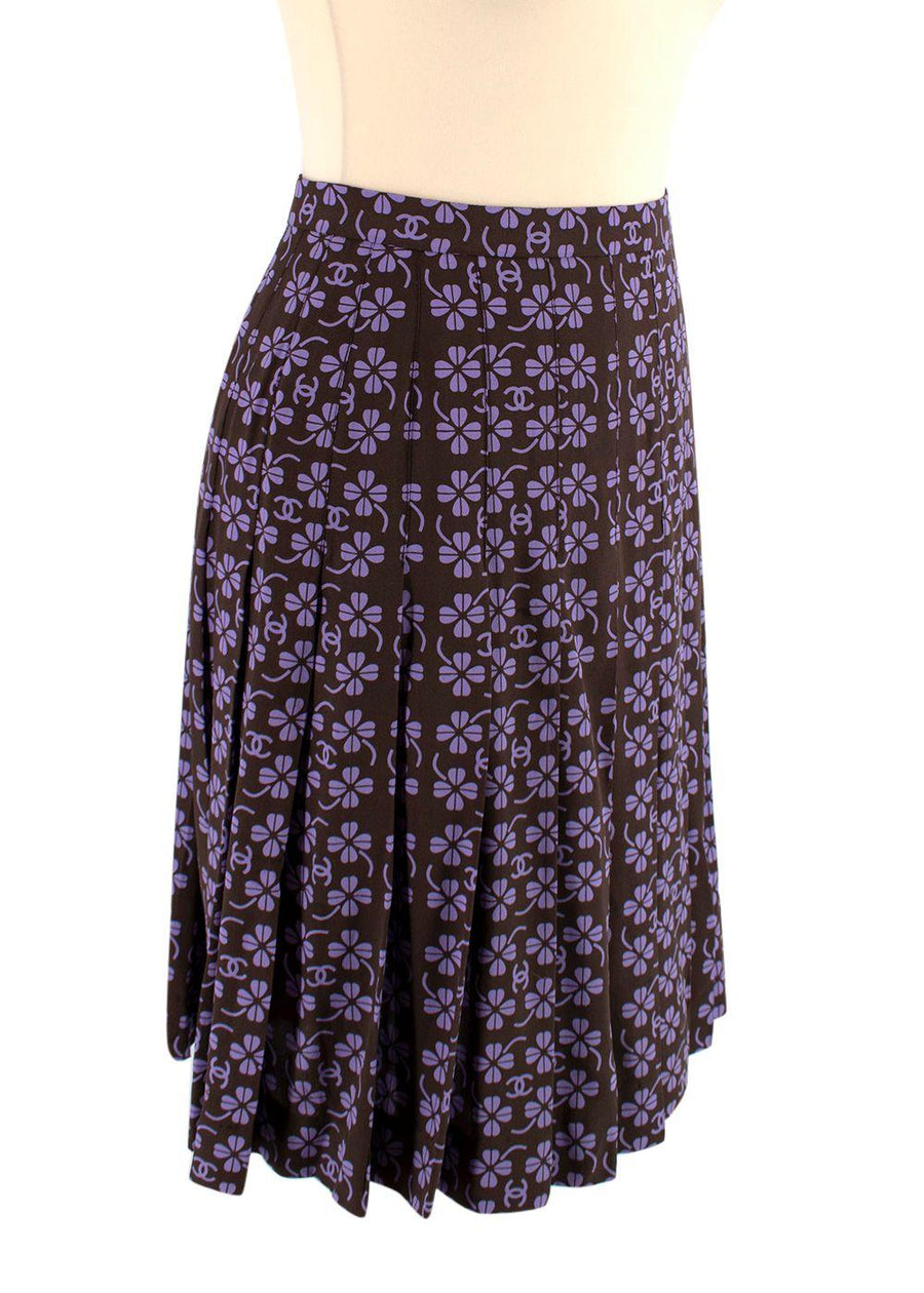 Purple & Black Clover Print Pleated Silk Skirt