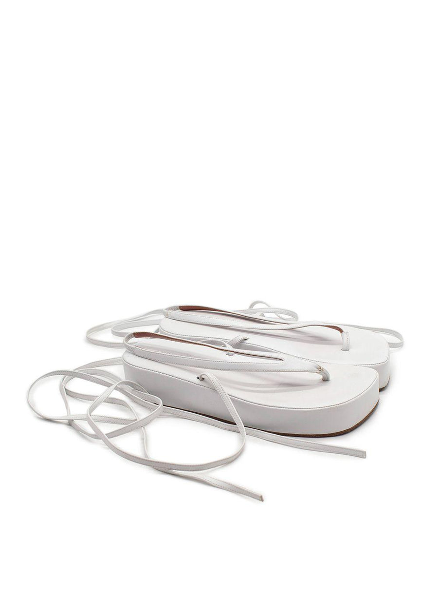 Amina Muaddi White Leather Tie Sandals