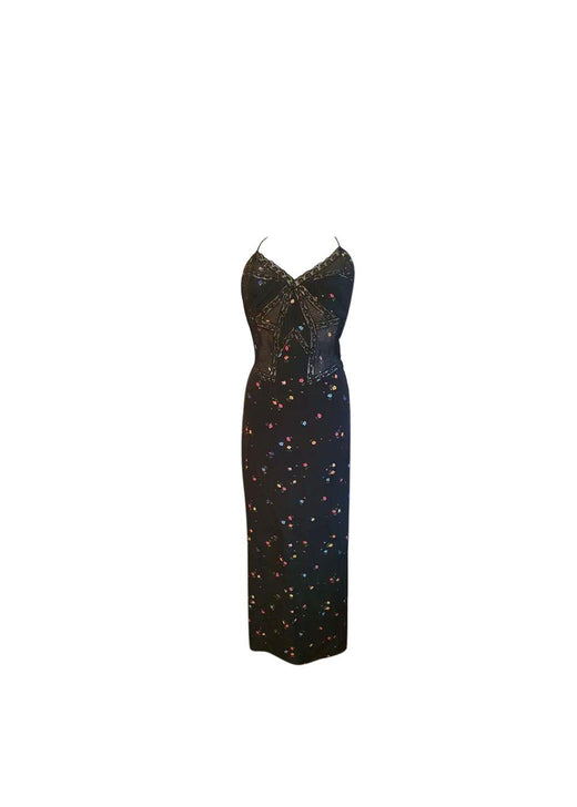 Black floral silk crepe & lace slip dress