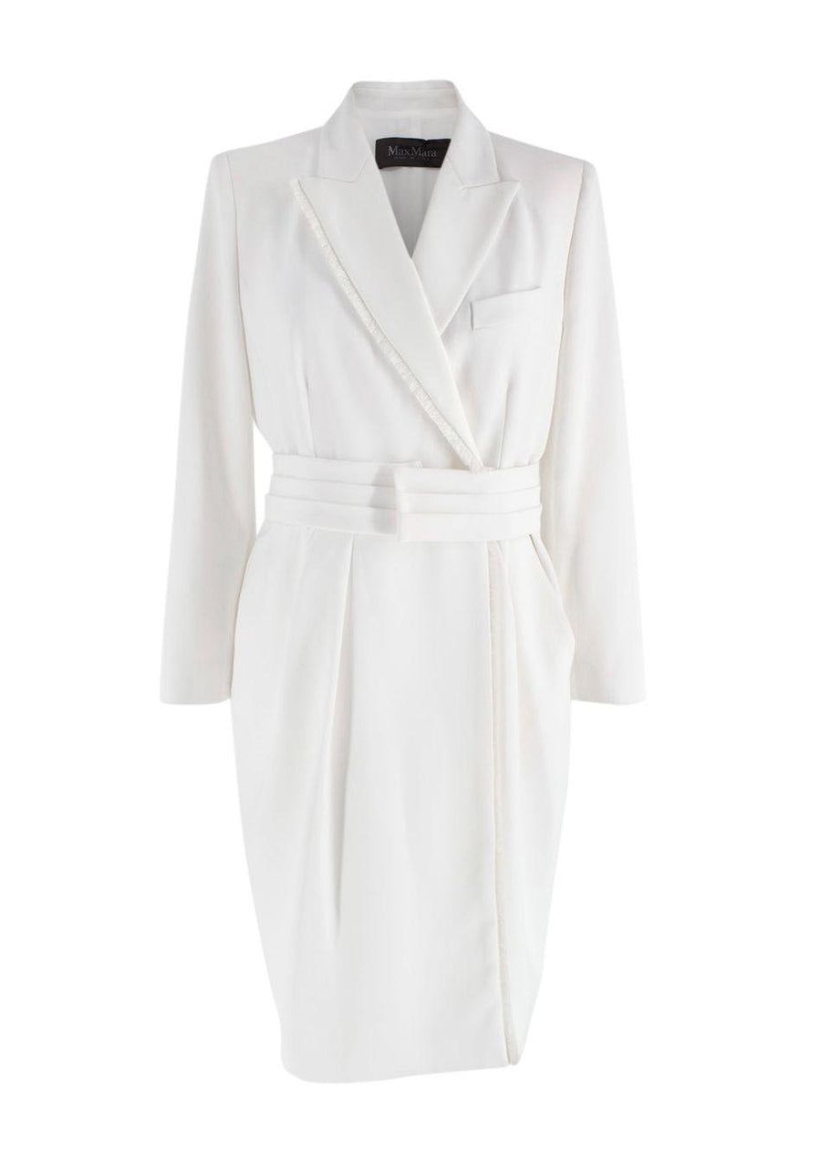 MaxMara White Blazer Dress With Fringe Trim Detail