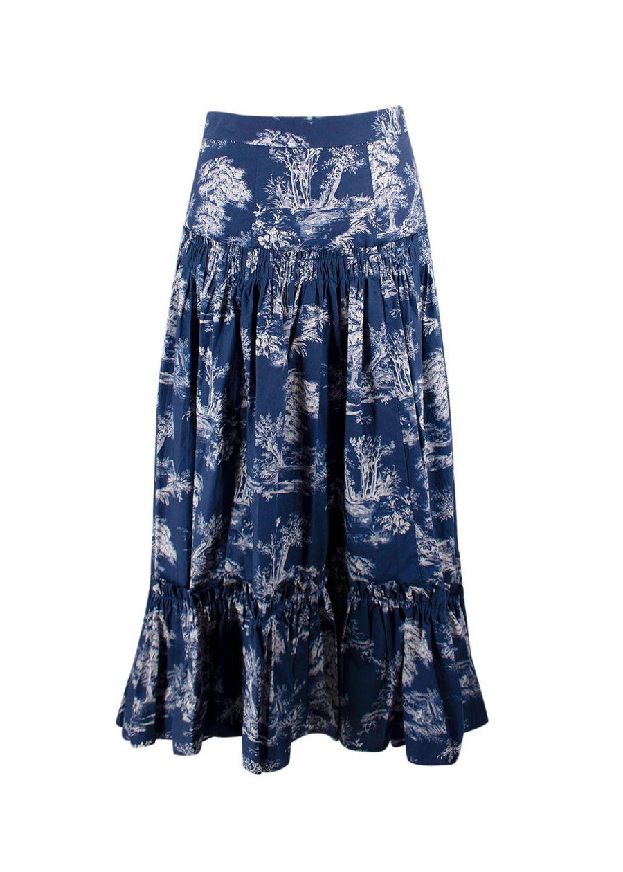 Cara Cara Navy Toile de Jouy Printed Tiered Cotton Skirt
