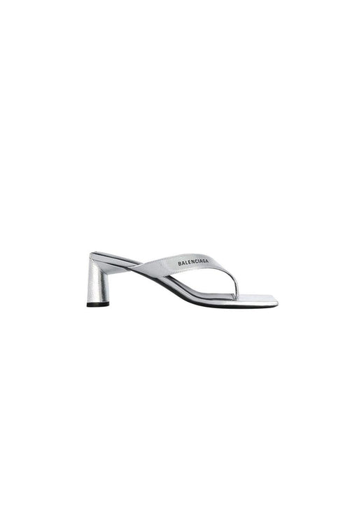 Metallic Silver Leather Square Toe Thong Heeled Sandals