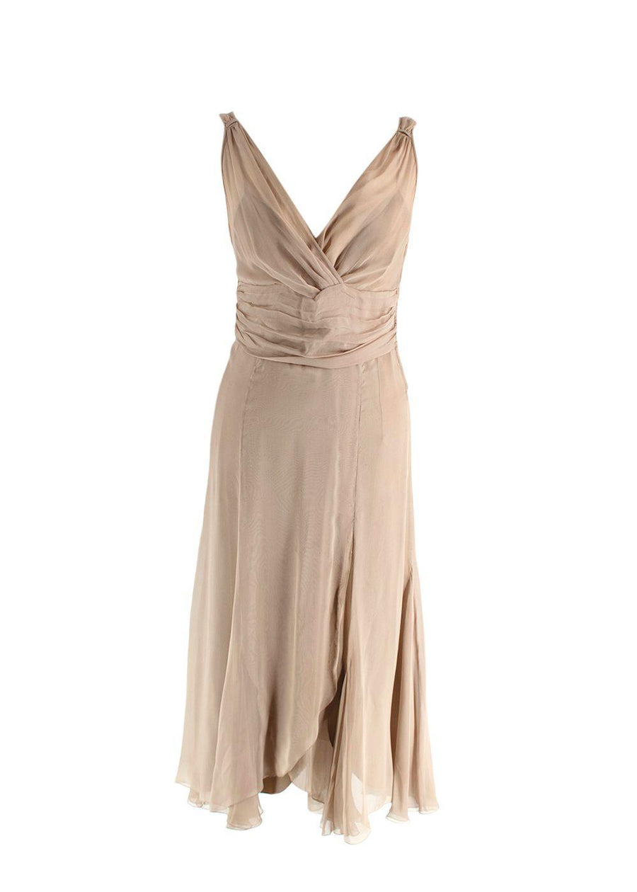 Alberta Ferretti Camel Silk Chiffon Draped Midi Dress