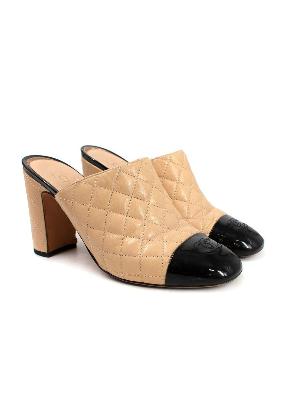 Chanel Beige Quilted Black Patent Cap-toe Mules