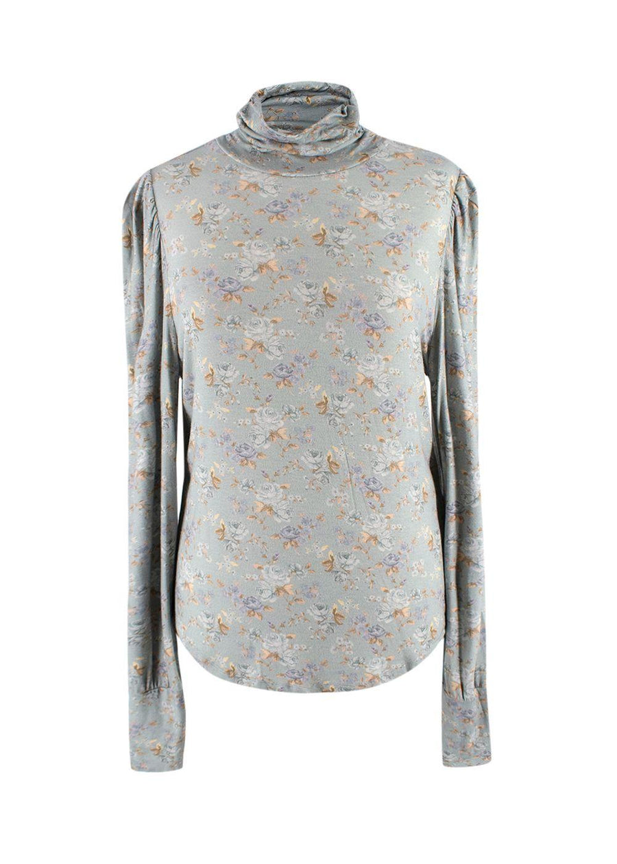 Love Shack Fancy Blue Floral Vienna Roll Neck Top