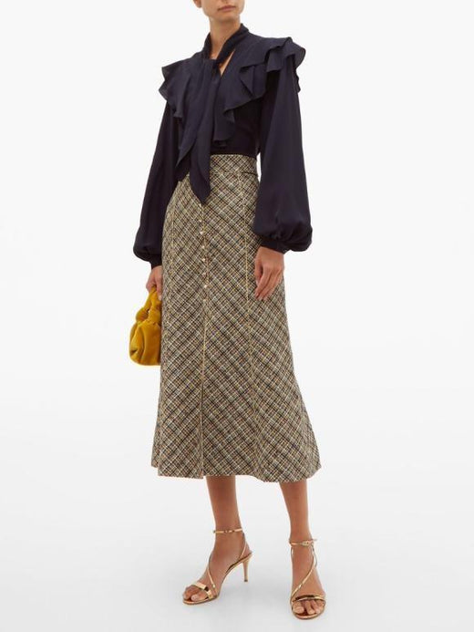 multicolour tweed A line button-through midi skirt