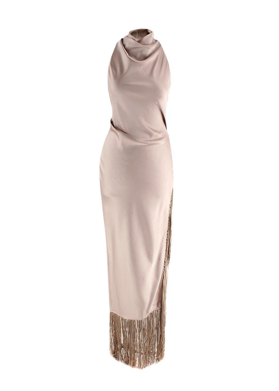 Nanushka Champagne Satin Midi Dress with Fringing
