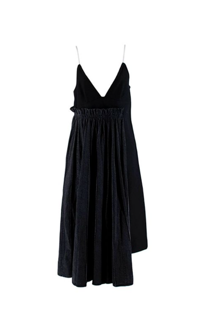 Sacai Black Wool Pleated Denim Skirt Midi Dress